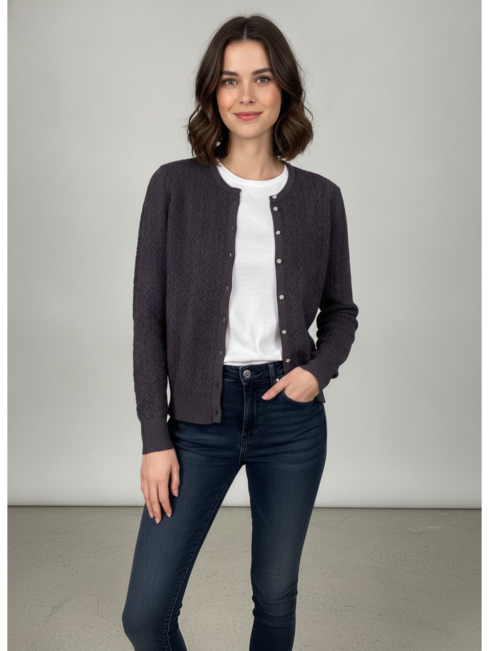 Zara Cable Knit Crystal Button Cardigan Sweater, Size Large